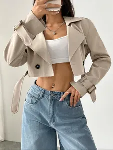 Women's Solid Double Button Lapel Neck Crop Trench Coat, Elegant Long Sleeve Belted Outerwear for Daily Wear, Ladies Clothes for All Seasons