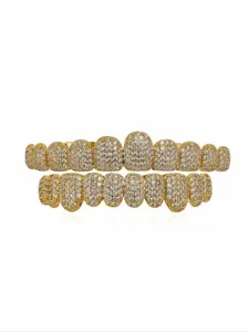 2 Pcs Hiphop Retainer Teeth, Copper Inlaid 5a Zircon, 6-Layer 14k Gold Plating, Perfect for Music Festivals, Parties, Halloween, Fashion Bloggers，Perfect gift