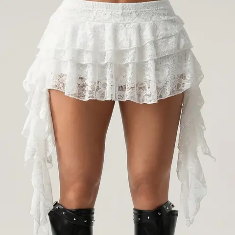 Sexy Low-Waist Lace Mini Skirt with Safety Shorts, Womenswear Holiday Style Ruffle Hem Secure Fit, Perfect for Vacation Wear, Egirl Skirts