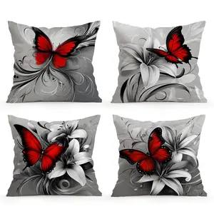 4pcs Butterfly and Lily Floral Pillow Covers, Single-Sided Print, No Insert, Home Decor for Living Room Bedroom, Vibrant Pattern, Floral Designs, Decorative, All Seasons