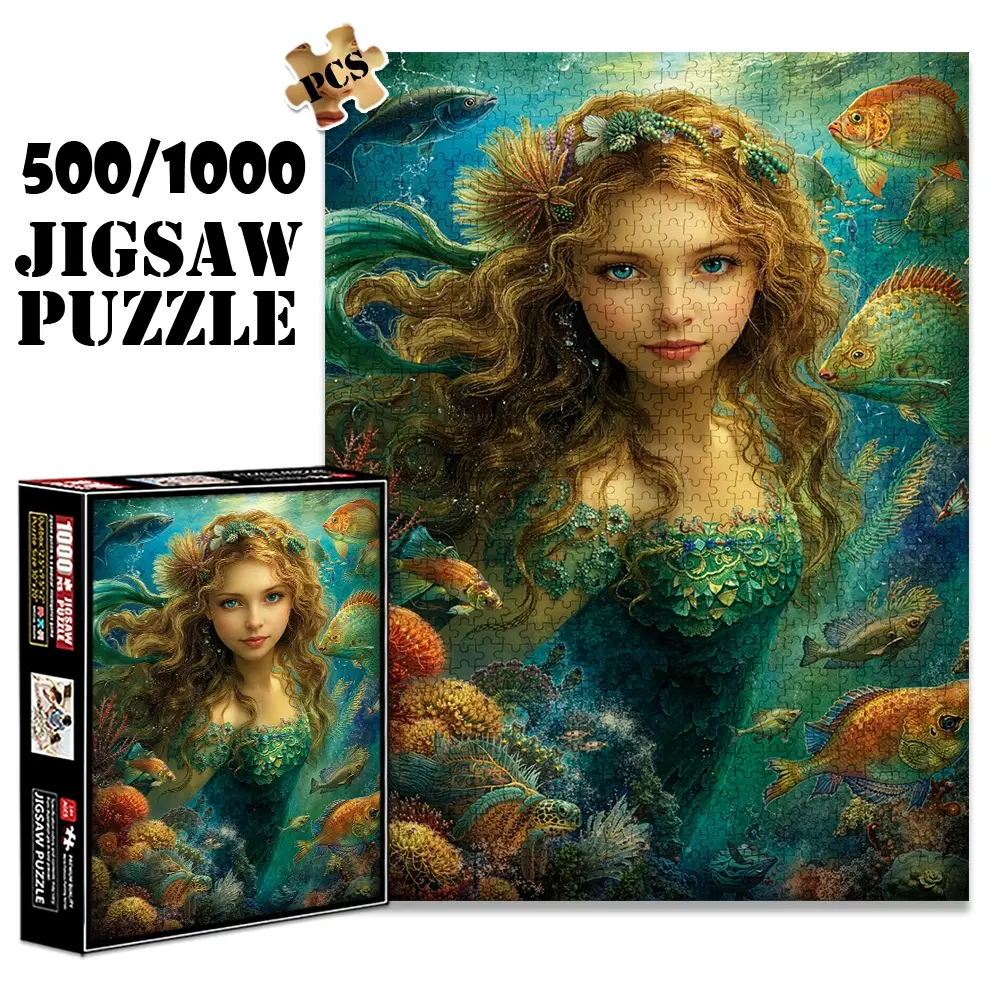 1pc 1000 piece adult puzzle 70x50cm Mermaid with Fish and Sea - creatures in Underwater Scene 500 pieces of paper jigsaw puzzle, suitable for adults and families, large-scale DIY puzzle interactiv