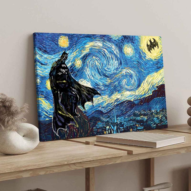 Van Gogh's Starry Sky Pattern Canvas Painting with Frame, Modern Art Bat Character Posters, Wall Art Decor for Home Living Room Bedroom Office, Halloween