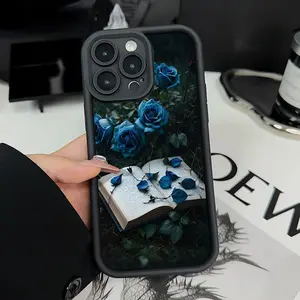 Blue Rose Book Phone Case for iPhone 16 15 14 Pro Max 13 12 11 XR XS Plus Shockproof Non Slip Military-Grade Protection Silicone Cover Cellphone Protective