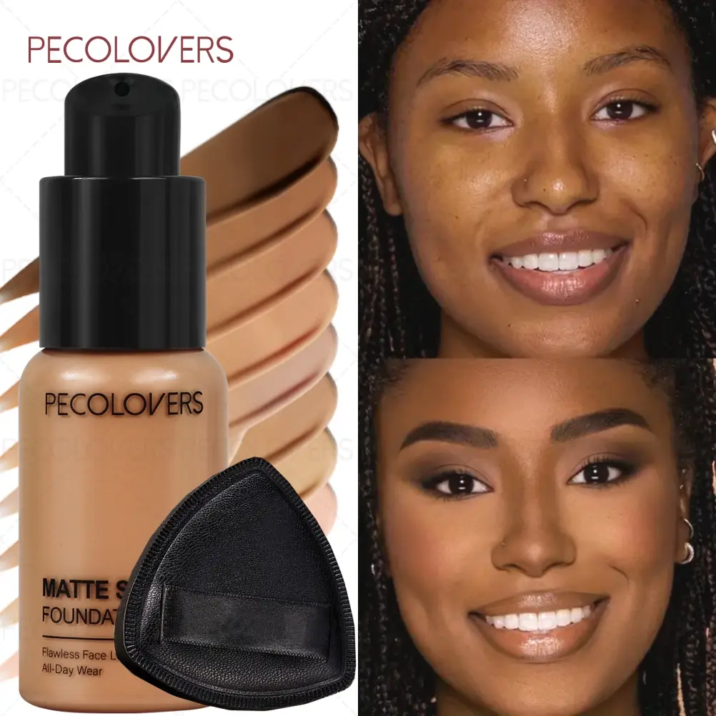2PCS/Set Long-lasting Matte Liquid Foundation and Puff, Concealer Foundation Hybrid, Flawless Makeup, Hydrating Flawless Coverage, Even Skin Tone, Moisturizing & Isolating, Matte Finish for All Skin Types, Cosmetics Products