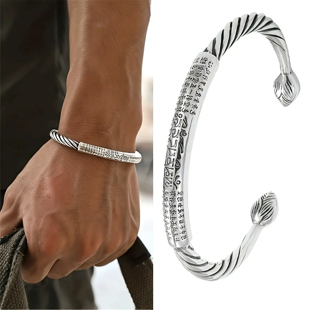 A traditional Chinese-style Lotus Open Bracelet, Fashion Alloy Amulet Accessory, Engraved Buddhist Mantra, Suitable for Men's Daily Wear men couple Adjustable Bangle Jewelry Fashionable Bangles