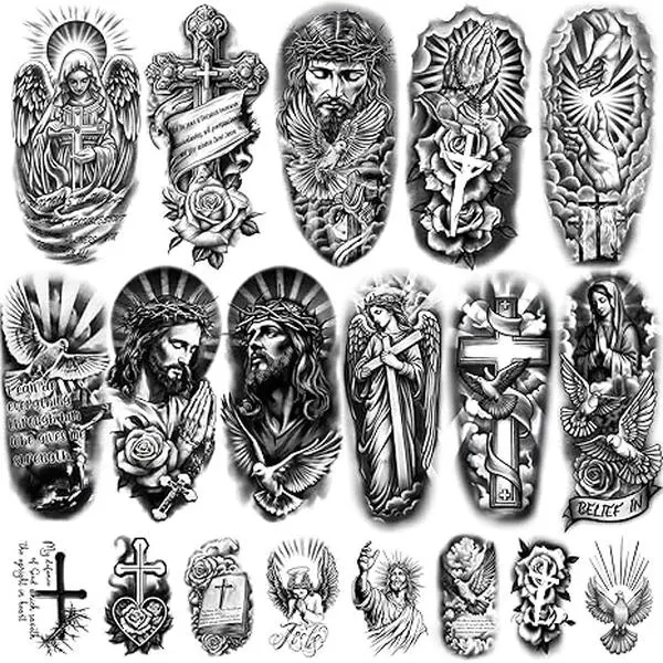 77 Sheets Christian Temporary Tattoo for Women Men, 17 Sheets Half Arm Religious Cross Jesus God Angels Fake Tattoos for Adult Arm Chest, 60 Sheets Christ Tiny Realistic Tattoos Stickers for Kids