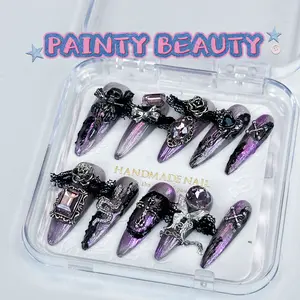 A153 Halloween Heavy Metal Dark Purple Handmade Press On Nails with Gothic Design and Rhinestone Accents