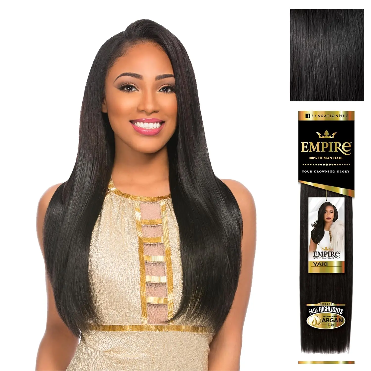 Sensationnel Empire Yaki Human Hair Weave - 10A Grade, Argan Oil Infused, Tangle-Free, Yaki Straight for Quick Weave/Sew-In Styles, Bleach/Perm-Friendly, 1 Pack (18 in, 1 Jet Black) with Faux Highlights & Middle Part Leave Out, Diy Wig Styles, Dye Safe, G