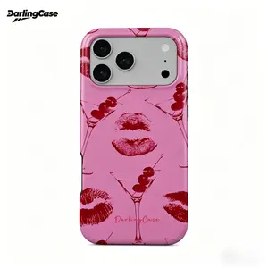 DarlingCase Pink Retro Martini & Lip Print Phone Case for iPhone 17 Pro Max, Y2K Cocktail & Kiss Pattern, Aesthetic Protective Cover for iPhone 16 15 14 13 12 11, Trendy Fashion Item for Girls, Great Gift Choice #SummerVibes