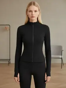 Women's Casual Fitted Zipper Knit Jacket Top, Solid Plain Pattern Long Sleeve Sun Protection Coat, All Season Wearable Outerwear