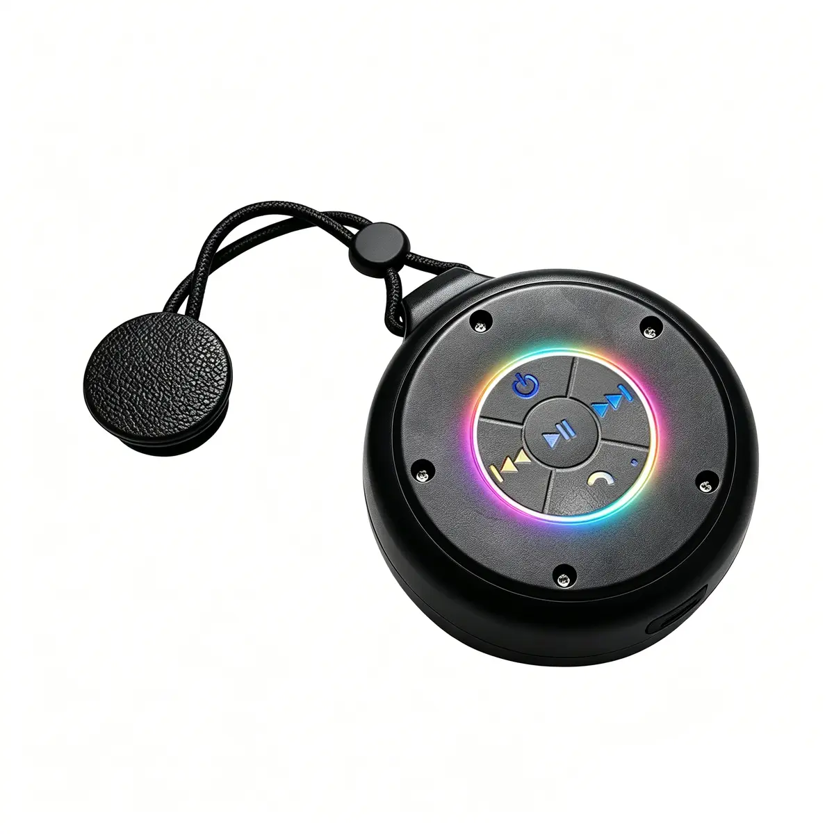 Mini portable wireless speaker (with RGB lighting and suction cup mount) featuring karaoke support, TWS stereo, and a built-in equalizer; compatible with various devices—ideal for parties, RVs, dorms, and outdoor use.