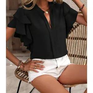 Women Fashionable Plain Ruffled Short Sleeve V-Neck Blouse Longline Strappy Impact Gym Top