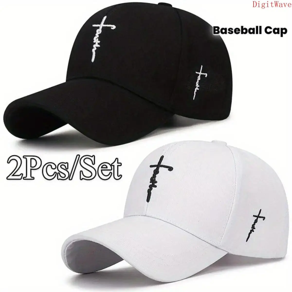 2Pcs/Set Classic Black & White Baseball Caps for Men Women Trendy Cross Embroidery Design Breathable Acrylic Fabric Lightweight Duckbill Style Durable Sun Protection Headwear Perfect for Outdoor Sports Daily Casual Streetwear Fashion