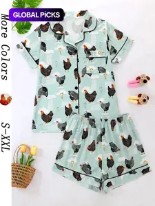Women's Summer Cool Short Sleeve Sleepwear Set, Two-Piece Button Front Top and Elastic Shorts, Cartoon Chicken Animal Print, Comfortable All-Season Fit, Pajama Set, Pyjamas, Loungewear