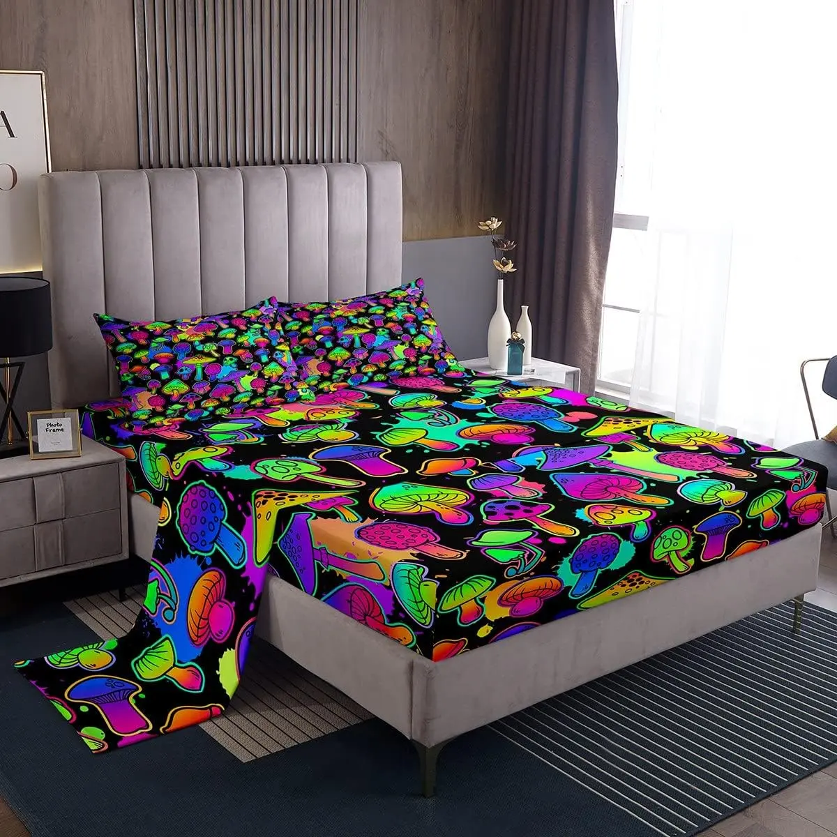 Feelyou Breathable Microfibre Bedsheets Set - Cute Trippy Cartoon Mushroom Bedding, Teal-Purple Neon Ombre Tie-Dye Fitted Sheet, Wild Colorful Botanical Linens for Full, King Sizes