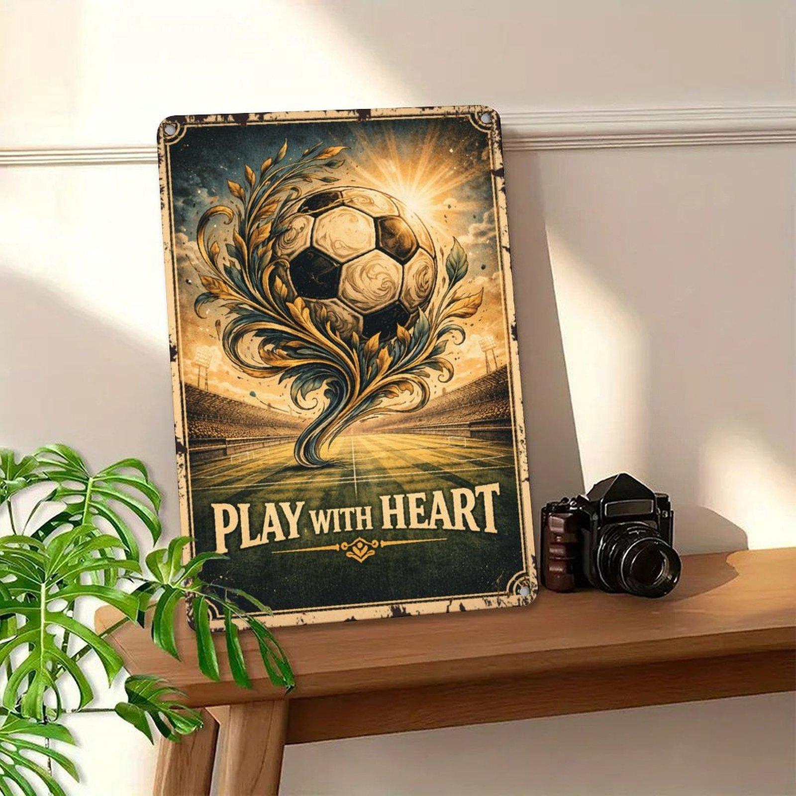 Vintage Soccer Art Print – Play with Heart – Retro Football Poster for Home, Office, or Sports Room