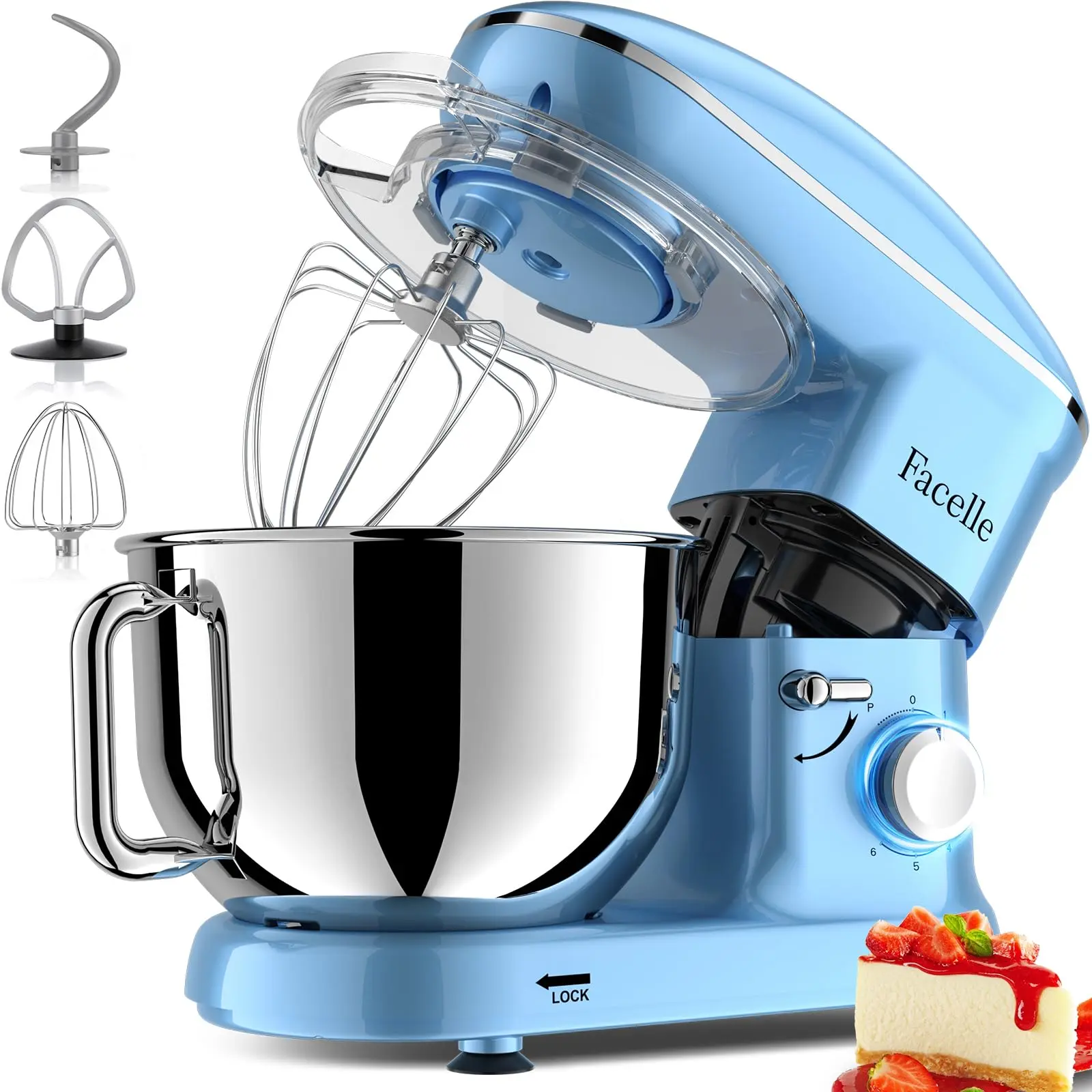 FACELLE Stand Mixer, 6.5 QT 6+P Speed Kitchen Electric Mixer, Tilt-Head Food Mixer with Beater, Dough Hook, Whisk and Egg Separator, Scraper for Baking,Cakes,Cookie