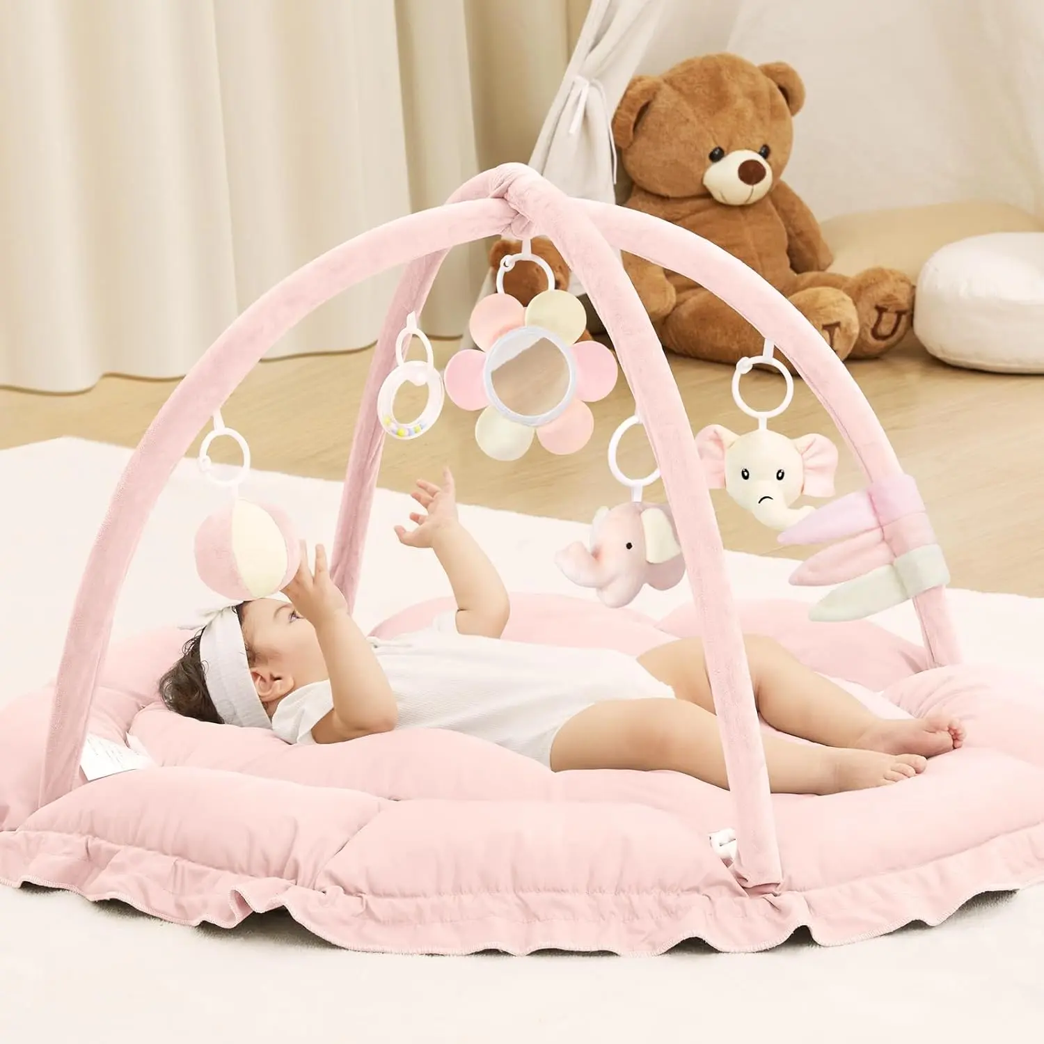 5 in 1 Baby Play Gym Mat, Reversible Tummy Time Mat with 5 Sensory Toys  Stage-Based Developmental, Thick & Large Baby Activity Center from Newborn to Toddler (Pink)