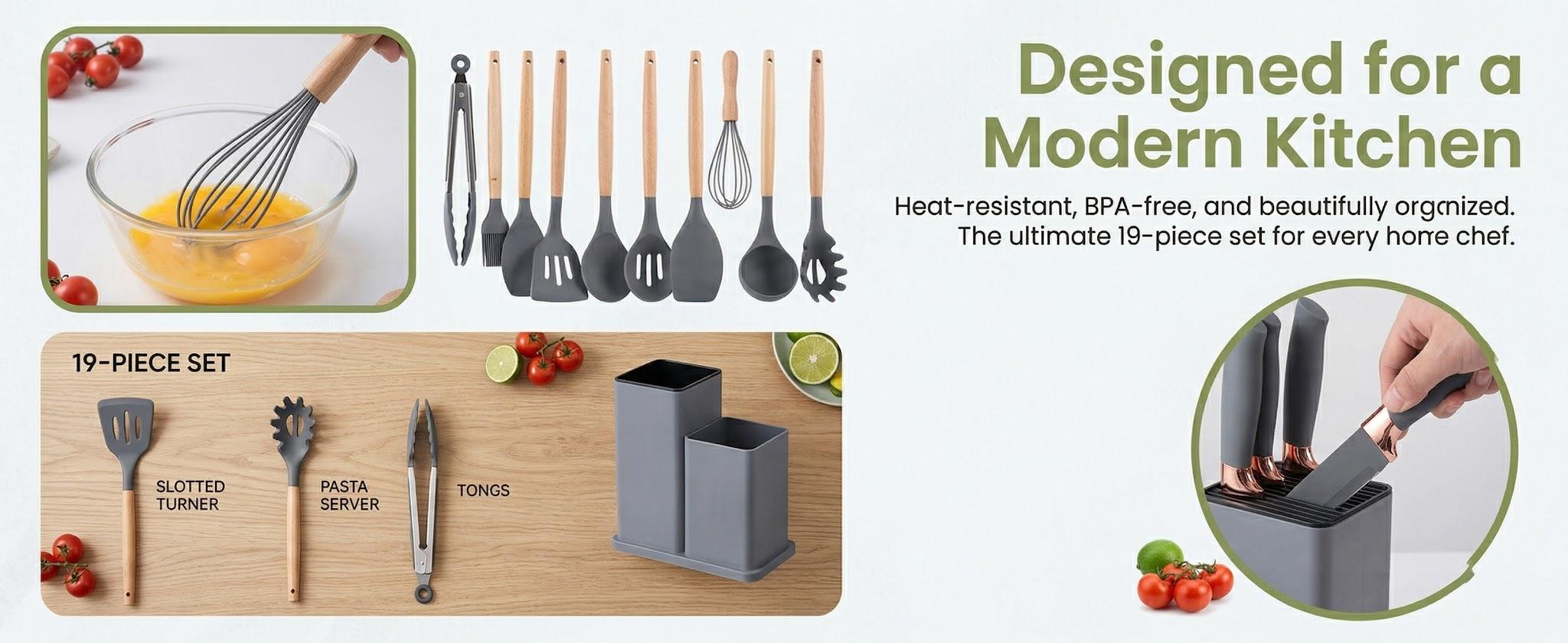 19 Piece Kitchenware Utensils and Knife Set- Includes: 9 Piece Silicone Cooking Utensils- 5 Piece Sharp Stainless Steel Chef Knives- Scissors -Whisk Tongs and Cutting Board (Gray) 19 Piece Kitchenware Utensils and Knife Set- Includes: 9 Piece Silicone Cooking Utensils- 5 Piece Sharp Stainless Steel Chef Knives- Scissors -Whisk Tongs and Cutting Board (Gray)