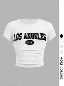 Retro Y2K Los Angeles 1998 Pattern, Graphic Crop Top, Black Short-Sleeve T-Shirt, for Summer 90s retro aesthetics, slim-fit cropped design, perfect for street style outfits and recommended by TikTok shop creators