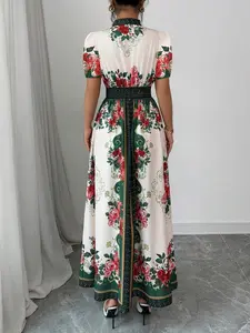 Floral Print Stand Collar Puff Sleeve Dress, Vacation Ready Style for Women, Elegant Floral Design for Summer