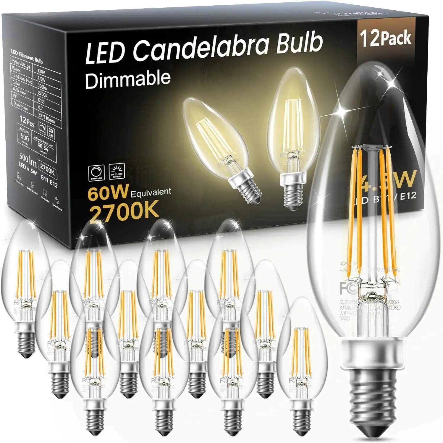 LED Candelabra Bulbs Dimmable, 60W Equivalent Chandelier Light Bulbs, 4.5W 2700K Warm White, 500LM, E12 Base, B11 Vintage LED Filament Clear Glass Candle Light for Ceiling Fan, Chandeliers,12Pack