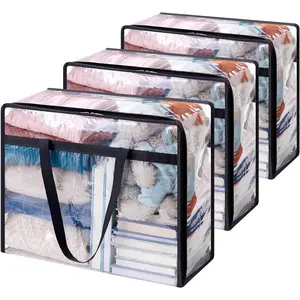 3Pack Large Clear PVC Zipper Storage Bin With Portable Handles, Dustproof Foldable See Through Clothes Organizer, Closet Bedroom Home Storage Accessory, Household Essentials, Quilt Blanket Garment Storage Box,Aesthetic,Dorm Essentials
