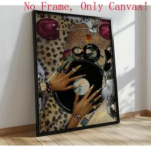 Trendy Leopard Black Girl Canvas Wall Art (Unframed) - Dopamine Decor Aesthetic Poster - Vintage Vinyl Record Player Print - Maximalist Bedroom Art
