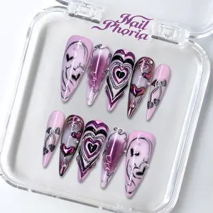 NailPhoria MIDNIGHT PULSE - Valentine Handmade Press-On Nails | Reusable, Salon-Quality, Long-Lasting, Glossy Design