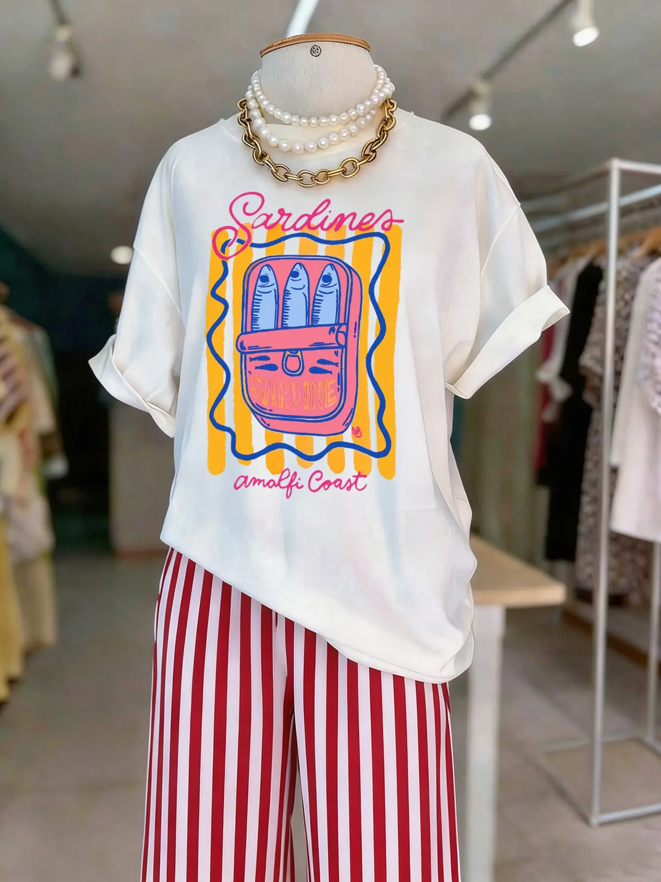 Retro Sardine Can Print T Shirt For Women, Amalfi Coast 2026 Summer Coachella Style Streetwear Casual Loose Oversized Tee, Casual T Shirts, Dopamine Dressing Beach Casual Top, Casual Everyday Tops, Everyday Casual Wear & Gift For Her Womenswear
