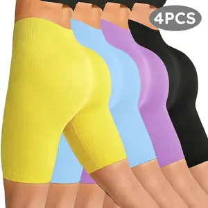 Women's 4-Piece Set: Ribbed Knit, Seamless, Butt-Lifting Athletic Shorts—Featuring a High-Waisted Design and Exceptional Stretch.