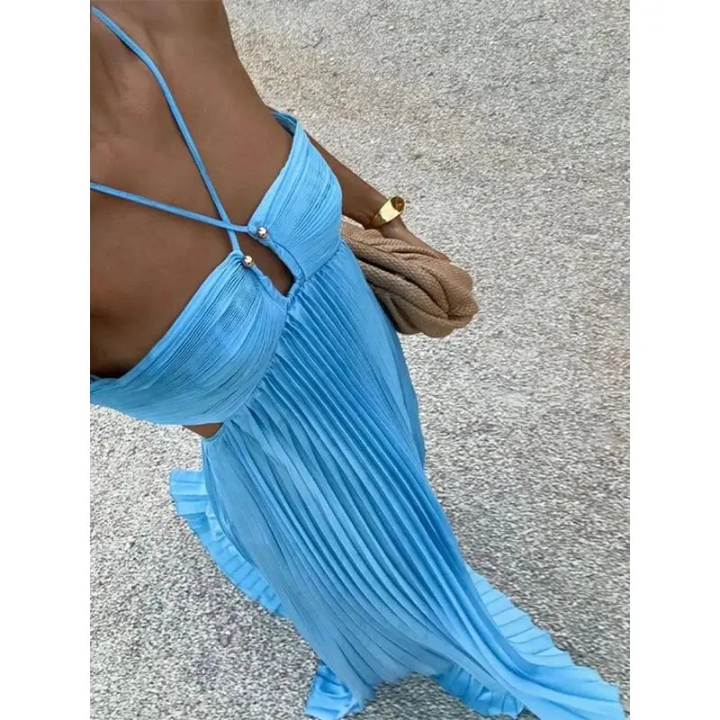 NewNewSummer Halter Pleated Long Dress Women Backless Sleeveless Blue Beach Vacation Dresses Female 2025 Fashion Lady A-line Robes