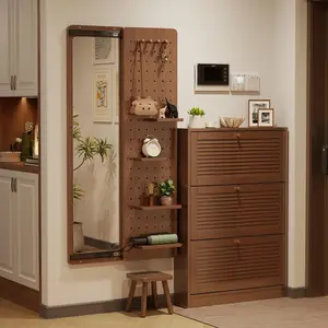 Sliding Entryway Mirror with Pegboard Storage Full-Length Space-Saving Shatter-Proof Hooks & Shelves Organizer for Entryways and Hallways