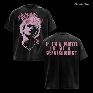 Machine Gun Kelly Depressionist Washed Tee Vintage Acid Wash Oversized T Shirt, MGK Pop Punk Rap Rock Graphic Portrait Front Print, Sad Lyric Back Print, Y2K Streetwear Heavyweight Cotton Unisex Top, Music Fans Merch Gift