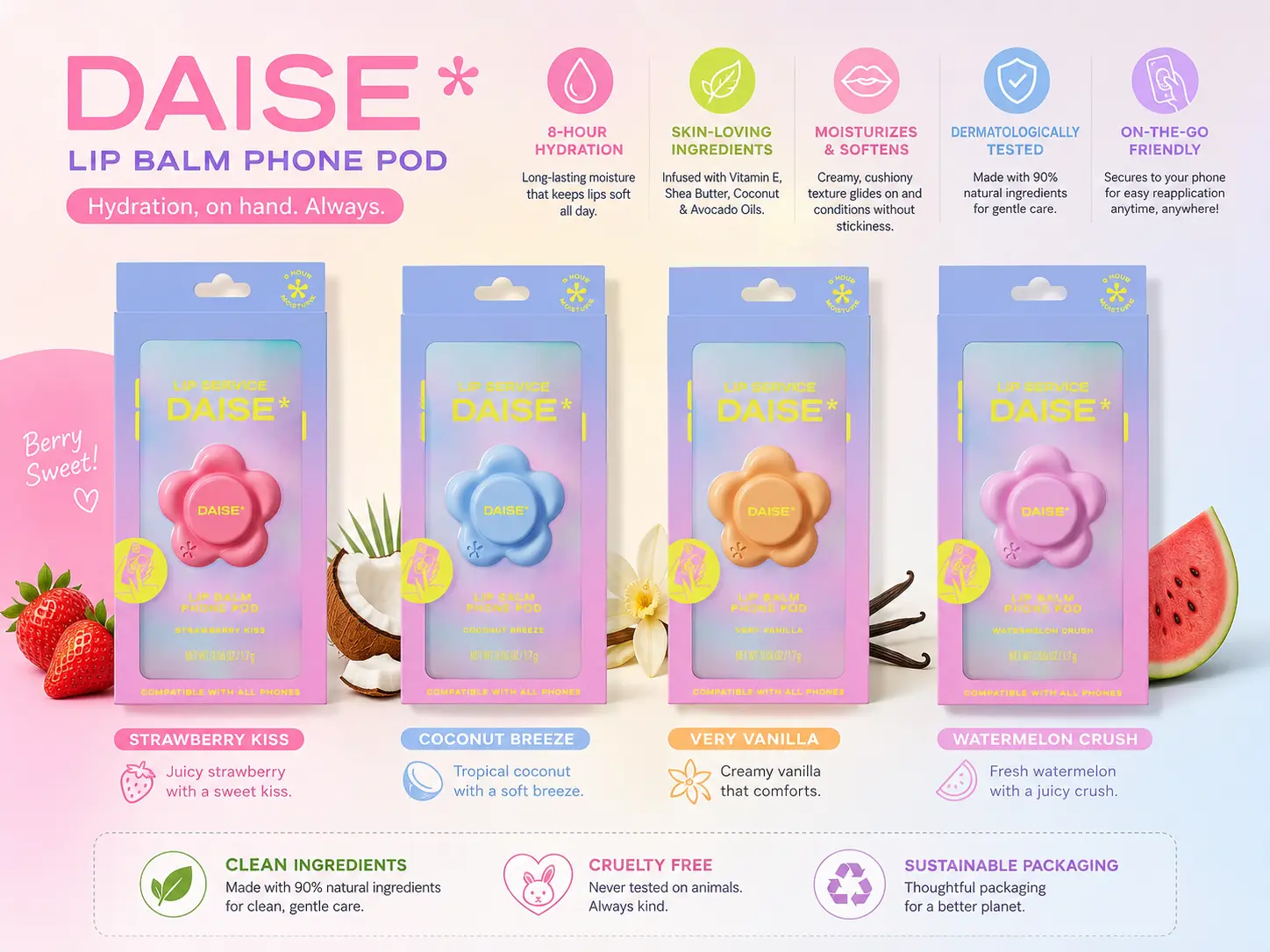 DAISE Lip Balm Phone Petal Pod Set, 4 Flavors Strawberry, Coconut Vanilla and Watermelon, Lip Service 8-Hour Hydration, Moisturizing Lip Balm That Attaches to Your Phone, 0.06 oz Each. Lipstick Lipgloss Shea Hydrate Makeup Glossy Moisturize