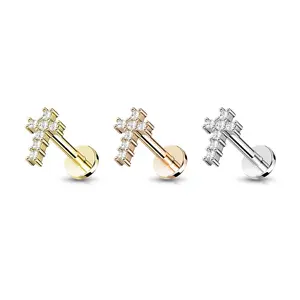 16G Jesus Cross Flat Back Labret Stud Earring Internally Threaded 316L Surgical Steel Ear Cartilage Piercing Gold Rose Gold Silver 16G 6mm 8mm