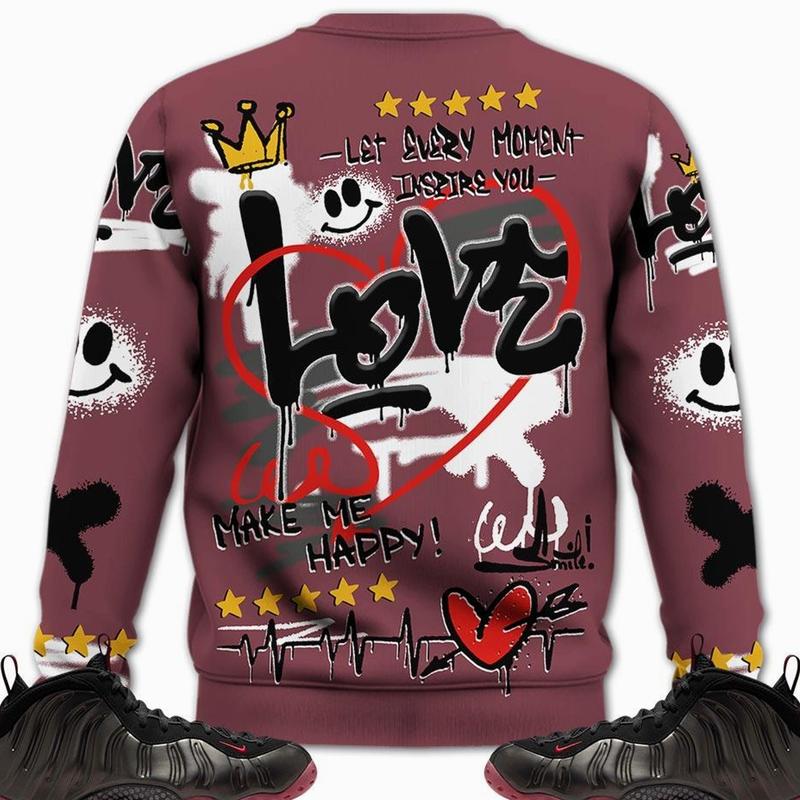 Black and Varsity Red Sweatshirt, Foamposite One Cough Drop Shirt, Happy Love Beats Graffiti Outfits Streetwear Sneaker Matching Fabric Fleece