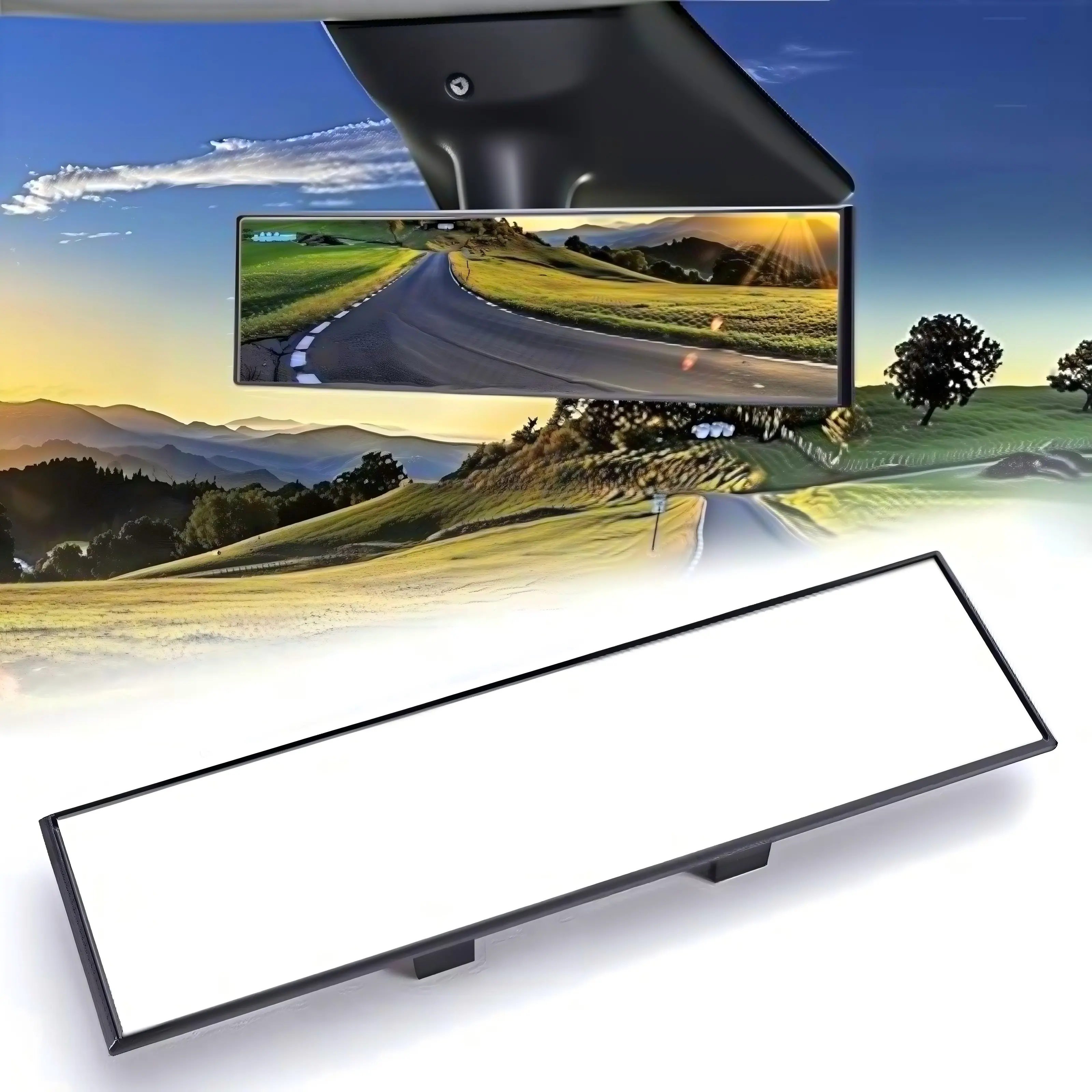 12" Clip-On Rearview Mirror – Flat Wide-Angle Interior Mirror (Non-Panoramic), Anti-Glare, Clear HD View for Cars, SUVs & Trucks
