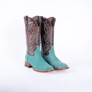 TANNER MARK WOMEN’S Ruff Out Turquoise Cowgirl Boots With Volcano Cognac Top