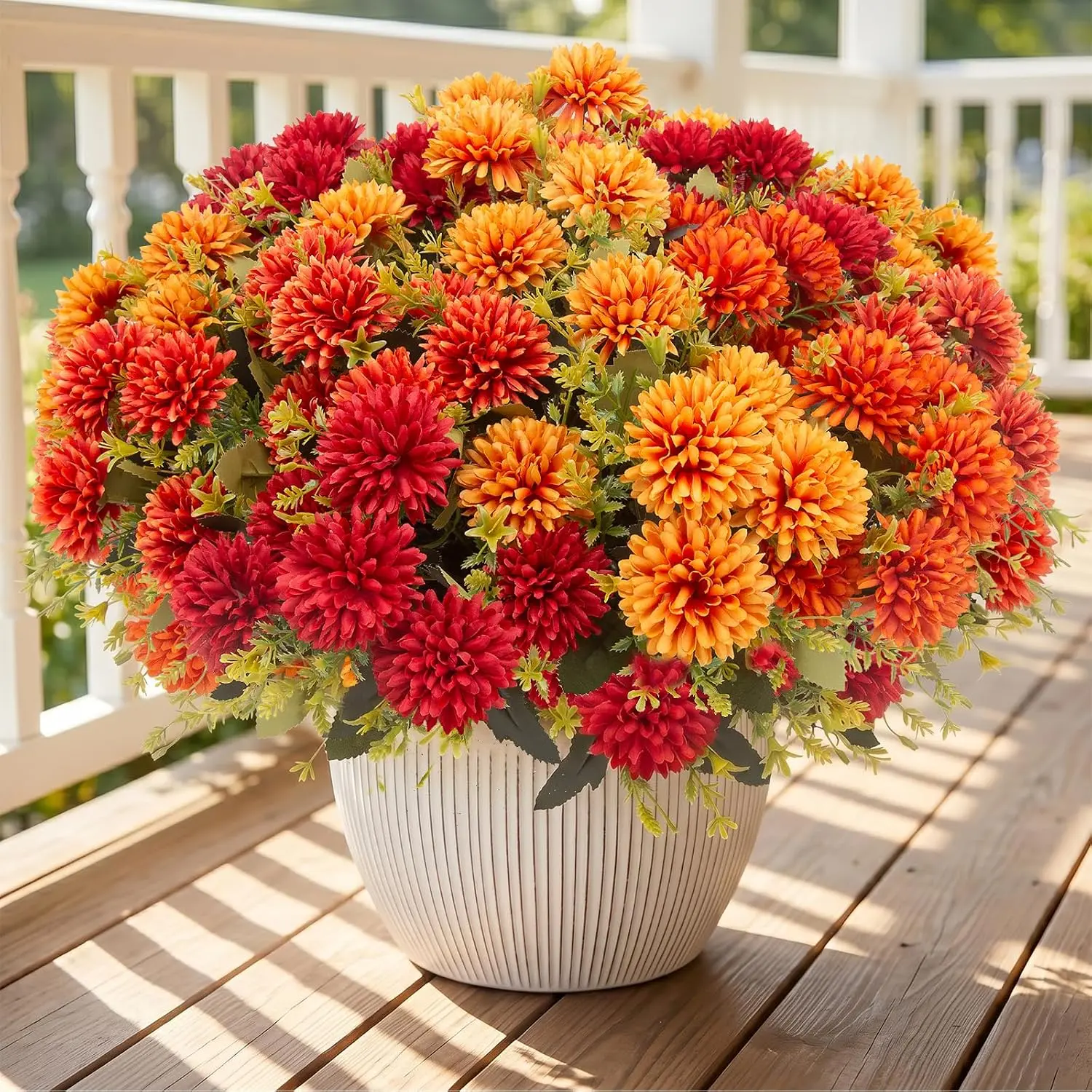 12 Pcs Artificial Fall Flowers for Outdoors, UV Resistant Fake Mums Chrysanthemums Marigolds, Autumn Vintage Floral Arrangements for Farmhouse Outside Decor (12, Orange, Burnt Orange, Red, Burgundy)