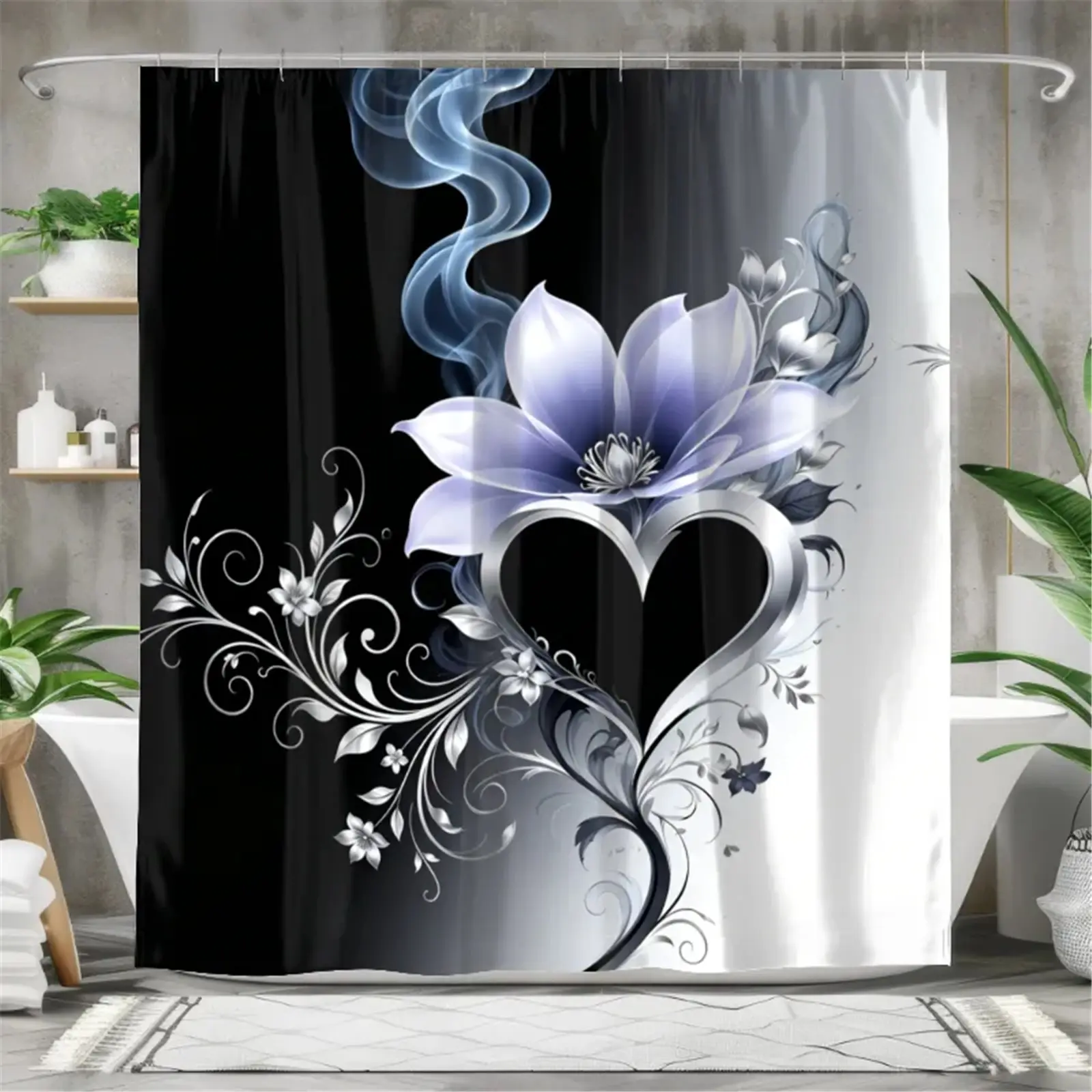 Dark purple floral shower curtain set, waterproof shower curtain with 12 hooks, non-slip bathroom carpet, toilet U-shaped cushion, toilet seat cover cushion, bathroom decoration, bathroom shower curtain set, perfect mobile gift.currently Showerc