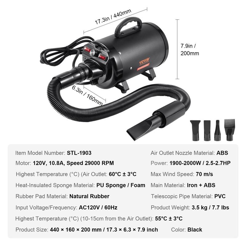 VEVOR Dog Dryer, TikTokShopBlackFriday, 2000W/2.7HP Dog Blow Dryer, Pet Grooming Dryer with Adjustable Speed and Temperature Control, Pet Hair Dryer with 4 Nozzles and Extendable Hose, Black