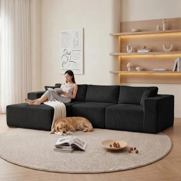 Modular L-Shape Corduroy Upholstered Sectional Sofa - Cloud Couch with Deep Seat, Boneless Design, Living Room Indoor Furniture, Corduroy Fabric Sofa