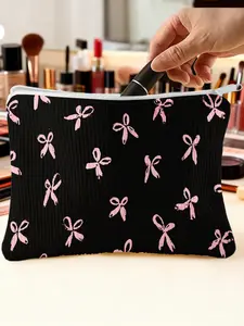 1PC Classic Corduroy Travel Makeup Bag | Black Print with Pink Bow Cute Style | Large Capacity Multi-purpose Toiletry Bag & Cosmetic Pouch | for Travel, Bathroom Storage, Work, Holiday Gifts, Practical Organizer