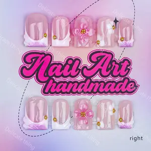 Delicatething Y2K Style Nail Set, Handmade Square Duckbill Nails, 4 Sizes XS S M L, Perfect Gift for Girls, Includes Jelly Glue Crystal Stick