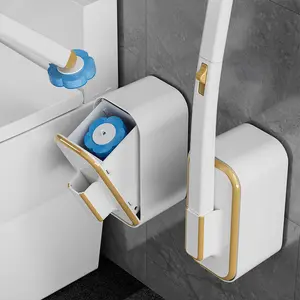 Wall-mounted Disposable Toilet Brush Set Gray-Gold、White-Gold, 1 Set with 24/48/72pcs Disposable Brush Heads & Holder,Touch-free Bacteria-inhibiting Stain-Removal Technology.