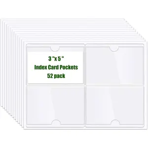 52 Pack Label Pockets for Storage Bins, 3x5 Index Card Holder, Clear Adhesive Pockets 3'' x 5'', Plastic Sticky Tote Labels for Library, Classroom Box Organization