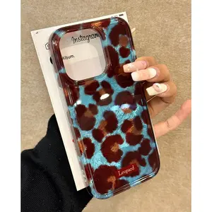 Designer Blue Base Leopard Print Phone Case for iPhone 17,16,15,14,13 Pro Max - Glossy Shockproof Hard Cover for Smartphone,Cellphone,Handheld Devices & Mobile Accessories