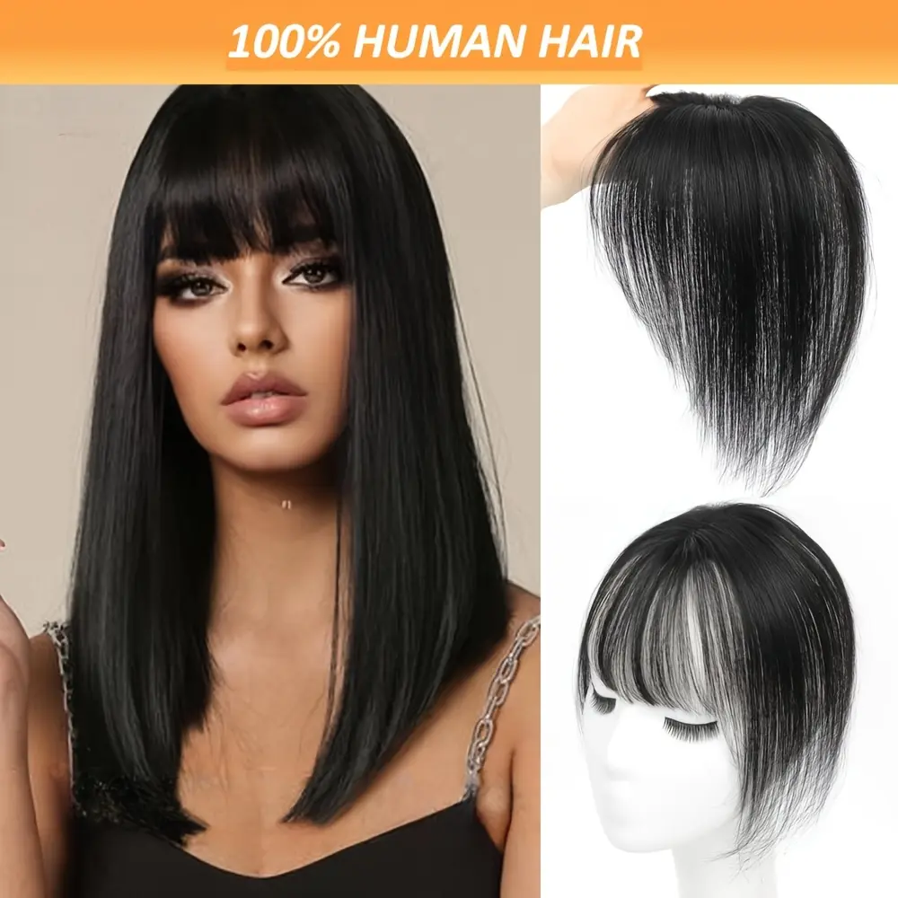 New 2025 Arrivals 2pcs Unisex-adult Basics Style Straight Topper Hair Extensions with Bangs, Full Mechanism Clip-In Human Hair, Natural Black, for Daily Use