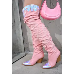 Icona Embroidery Thigh-High Cowboy Boots - Pink Girl Women Suede PU Crochet Thigh-High Boots with Nail Decor and Lightly Cushioned Insole